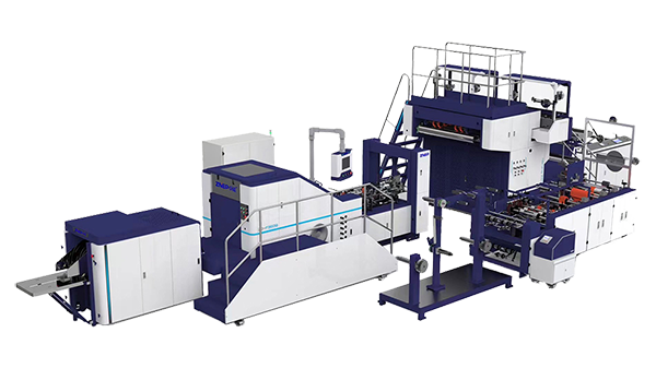 Máquina para fabricação de sacos de papel kraft com alças chatas